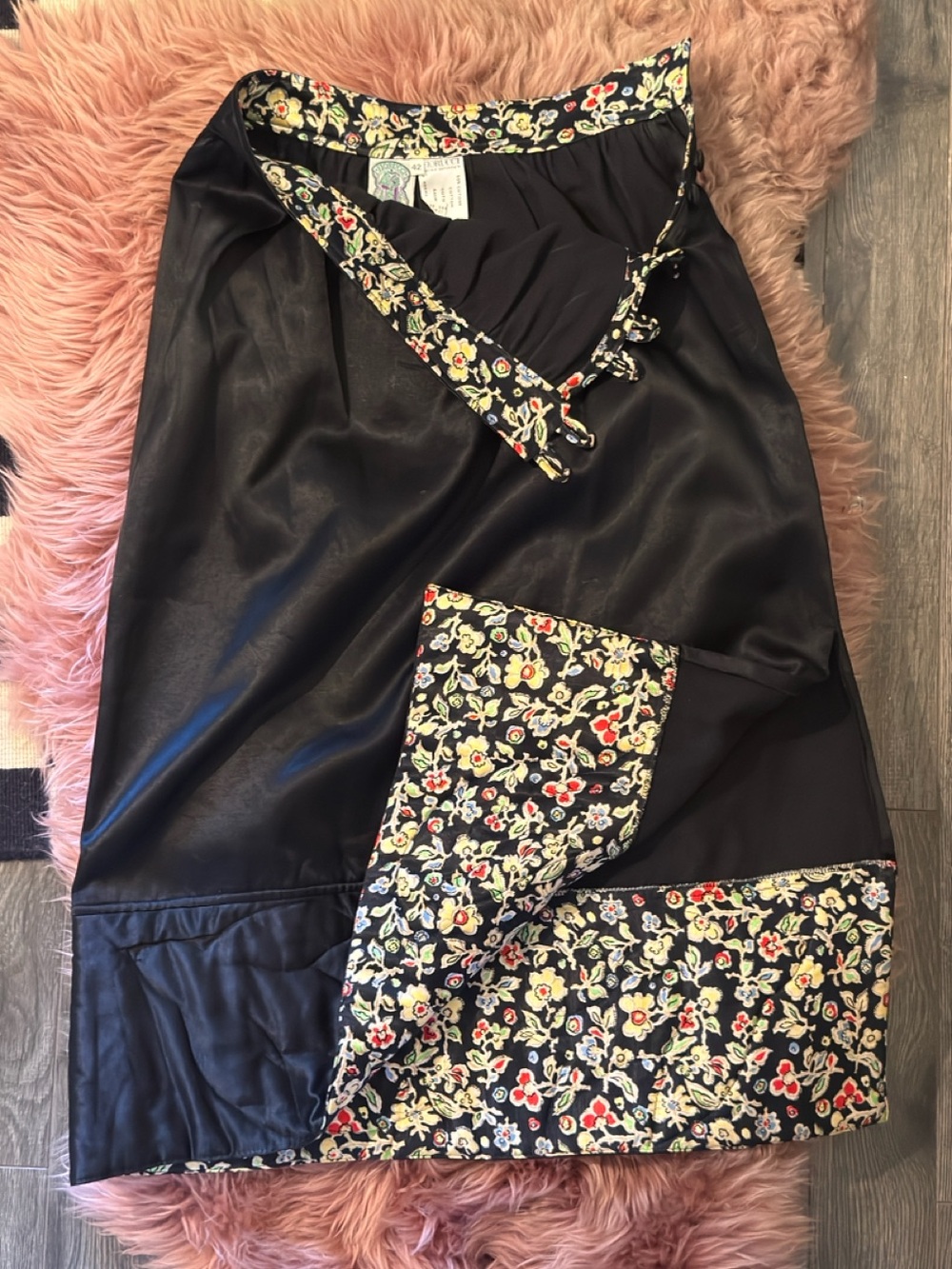 Black Satin Skirt with Floral Trim